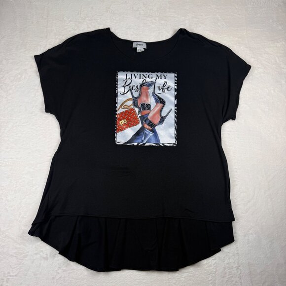 Black Graphic Ruffle Hem Tee Living My Best Life Statement Print - Picture 1 of 6